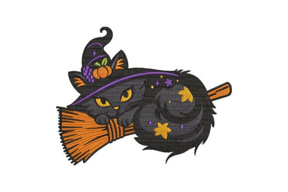 Halloween Witch Cat on Broom Embroidery